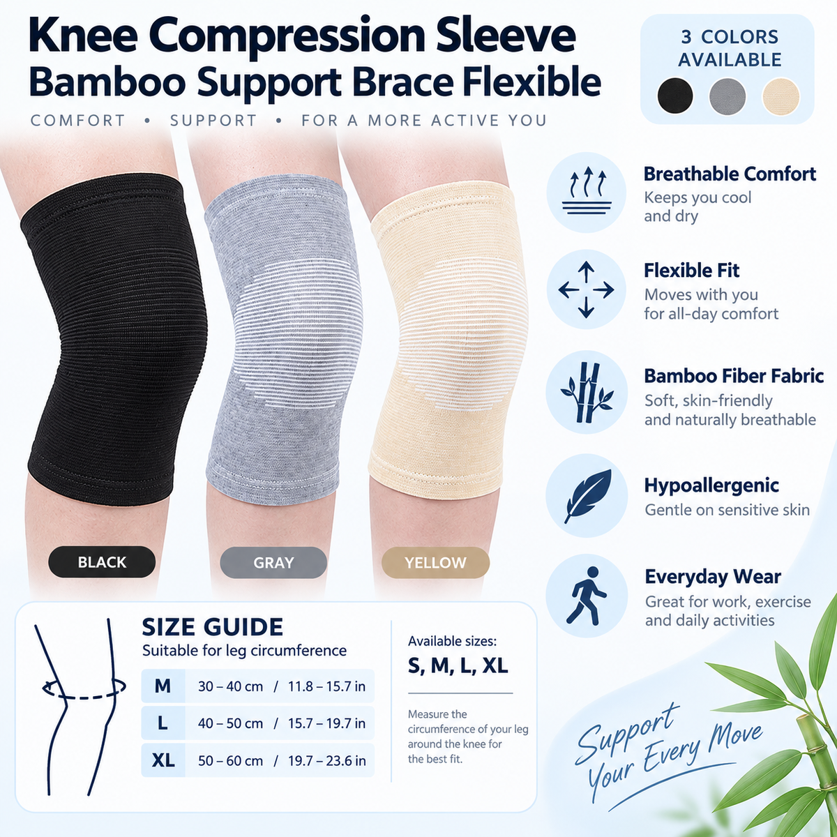 Knee Compression Sleeve Bamboo Support Brace Flexible