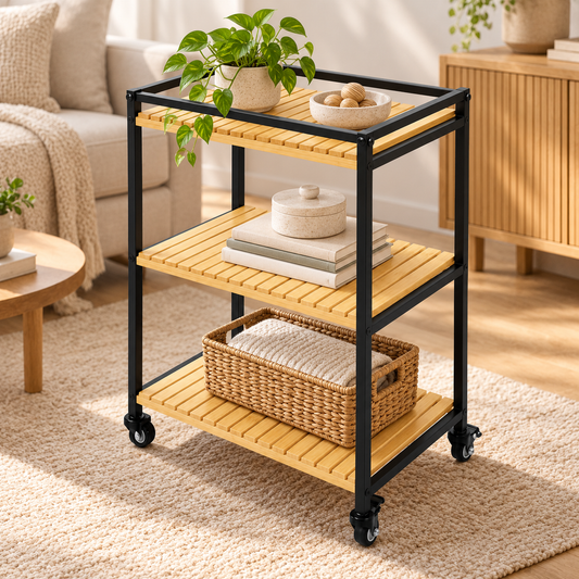 Bamboo Storage Trolley Rack Rolling Organizer