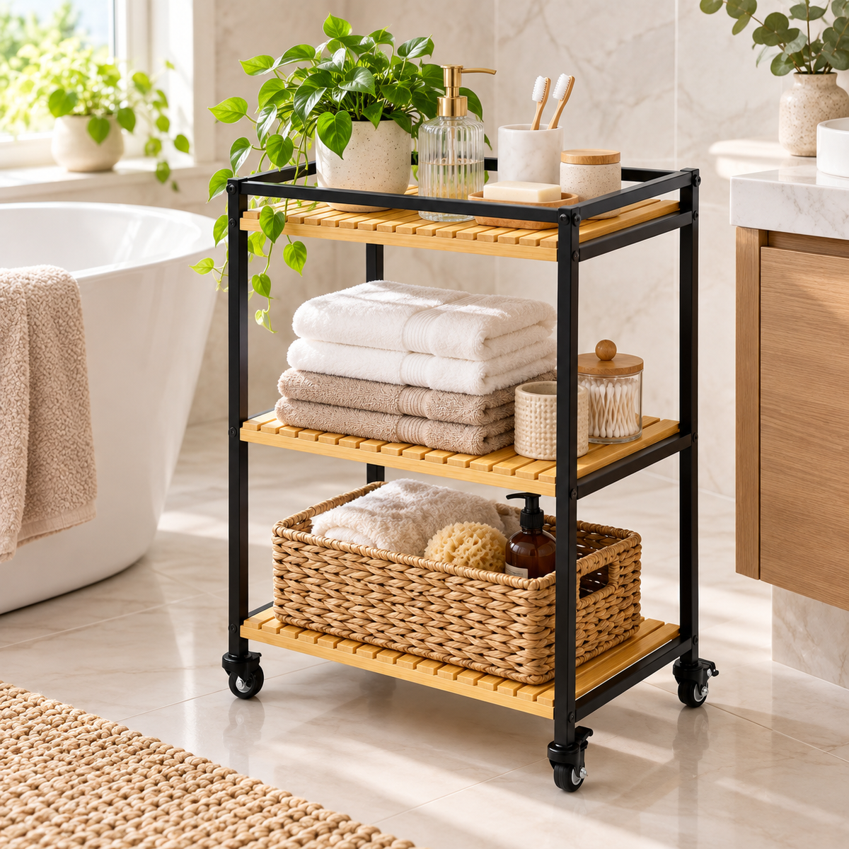 Bamboo Storage Trolley Rack Rolling Organizer