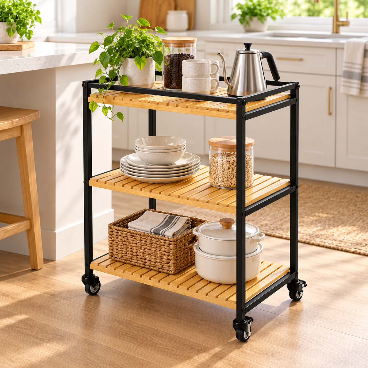 Bamboo Storage Trolley Rack Rolling Organizer