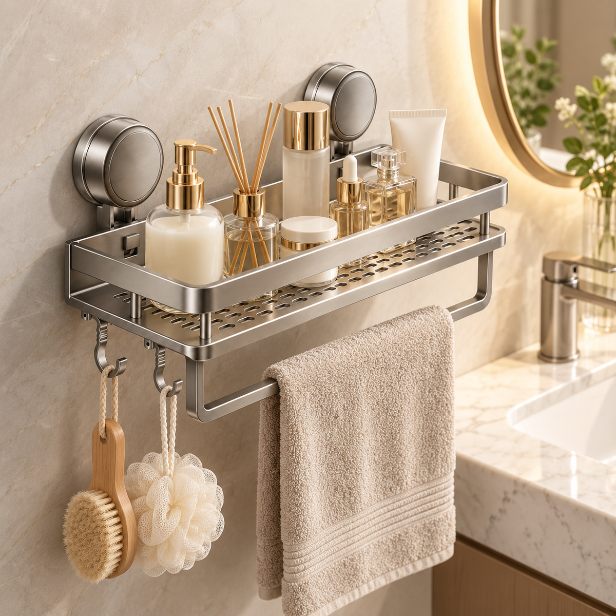 Removable Suction Cup Bathroom Storage Shelf Wall Mount
