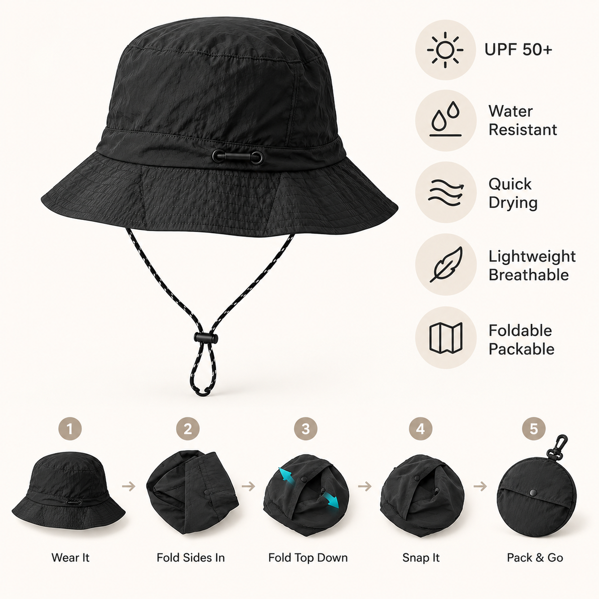 Water Resistant Sun Hat Quick Drying Foldable Design