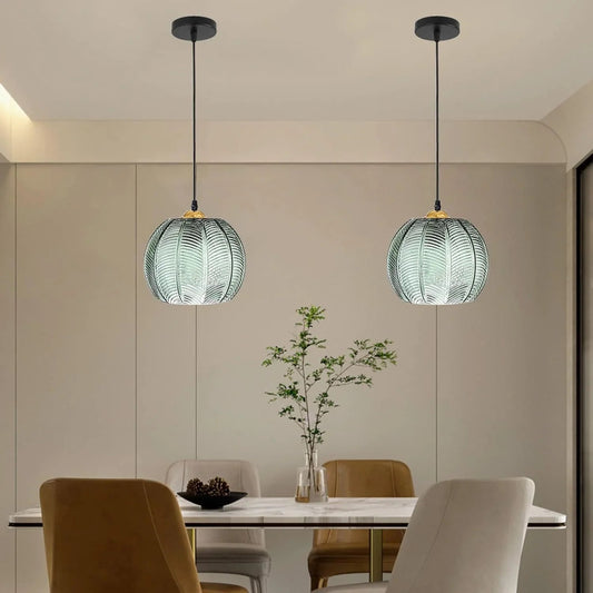 Pumpkin Ribbed Glass Pendant Lamp | Retro Green Hanging Light